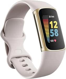 Fitbit Charge 5 Advanced Health & Fitness Tracker with Built-in GPS, Stress Management Tools, Sleep Tracking, 24/7 Heart Rate and More, Lunar White/Soft Gold, One Size (S &L Bands Included)
