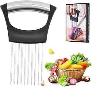 2024 New Stainless Steel Onion Slice Holder, Multifunctional Onion Slicer Chopper Vegetable Cutter, Premium Avocados Lemon Potato Tomato Carrots and Other Vegetable Fixing Slicer (1)
