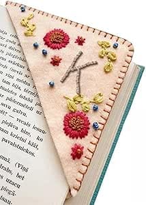 MOTEERLLU Personalized Hand Embroidered Corner Bookmark,Felt Triangle Page Stitched Handmade Bookmark,Unique Cute Flower Letter Embroidery Bookmarks Accessories for Book Lovers(Fall-k)