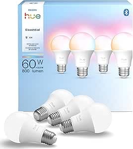 Philips Hue Essential Smart LED A19 Bulb, White and Color Ambiance, E26 Base, 8.8W, 2200K-6500K, 800 Lumens, Dimmable, Works with Alexa, Google, and Apple Home, 4-Pack