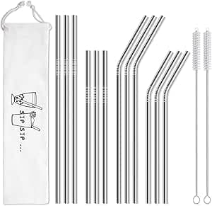 Hiware 12-Pack Reusable Stainless Steel Metal Straws with Case - Long Drinking Straws for 30 oz and 20 oz Tumblers Dishwasher Safe - 2 Cleaning Brushes Included